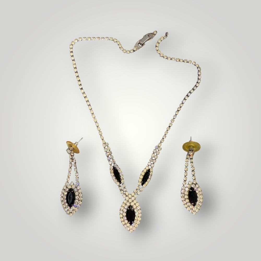 1950s 1960s Rhinestone Necklace Earrings Set Black Glass Teardrop Dangle